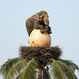 an elephant sitting on a large spotted egg in a nest on top of a palm tree, nature photography