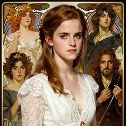 emma watson, fantasy, white lace clothing, gold accessories, elegant, highly detailed, digital painting, matte, sharp focus, art by artgerm, greg rutkowski, alphonse mucha, frank frzetta, boris vallejo, bouguereau, cinematic