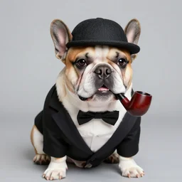 a french bulldog in a dinner jacket wearing a bowlers cap with a pipe in his mouth