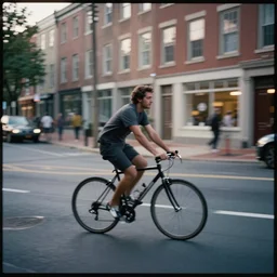 a man riding a bike with 50 foot tall wheels the streets of philadelphia at dawn, analog film 8k, movie still, motion blur, grainy Tri-x pushed to 3200, tilt-shift, holga