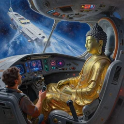 a scene of Buddha in the cockpit of a spaceship, digital painting, 4k wallpaper, intricate detail, brush strokes, masterpiece, by Ilya Kuvshinov, by Rembrandt, by Thomas Kinkade, by Moebius, By Tite Kubo, by Kentaro Miura, beautiful, gorgeous, hyperspace
