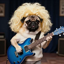 pug with a big blonde wig playing delta blues, photograph
