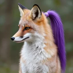 a woman with light fur and a fox head with purple hair in a pony tail