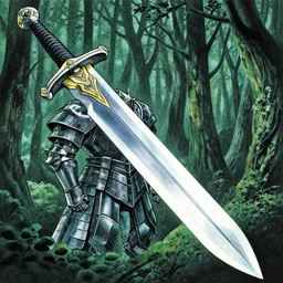 grainy risograph, gouache matte painting, huge floating sword, close - up, lot of layers armour, in the dense forest, highly detailed, artstation, intricate - detailed, by moebius, jack gaughan, lehr paul, sci - fi 1 9 8 0 and manga 1 9 8 0