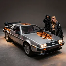 a delorean with tiger stripe viynl rap,