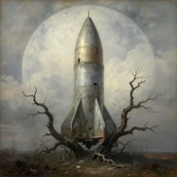 abandoned rocketship, many thick dark knotted branches, detailed, ethereal, round clouds, dramatic lighting, rough unfinished foggy aged artwork by Gustav Courbet