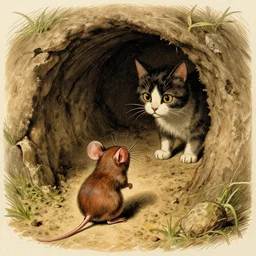 inside a mouse hole we see a scared little mouse with its back to a cat that is looking through the hole opening, old book illustration, nostalgic,