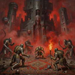 fine art oil painting varied muck jeweled, filthy rugated armored animacules clawing & terrified as massive brutalist structures, claustrophobic cilia sporing pox, final battle failure, red mustard gas fog, by alex nino, h r giger, dan brereton high resolution, hyper detailed, cinematic, ornate masterpiece, torch light shot by artstation winner,