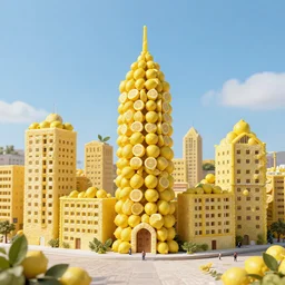 a city with buildings made out of lemons by moebius