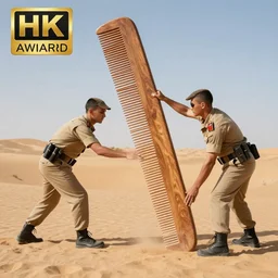 two soldiers are combing the desert using a large comb, high definition, beautiful award winning photography, 8 k.