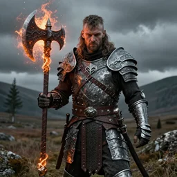 portrait photo of a brutal nordic Warrior, wearing intricate steel armor, holding magical fiery battle-axe, sharp focus, highland landscape with few trees background, magical aura, heroic pose, fantasy style, octane render, volumetric lighting, 8k high definition, highly detailed, trending on ArtStation, centered