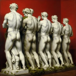 a beautiful painting of detailed white stone male statures's back lined up, covered by moss, oil paint, classic art, 1 6 century style, volume light, in the style of beksinski, parts by edward hopper, parts by rodcenko, parts by yue minjun, diego velazquez, intricate and epic composition, red by caravaggio, insanely quality, highly detailed, masterpiece, red light, artstation, 4 k