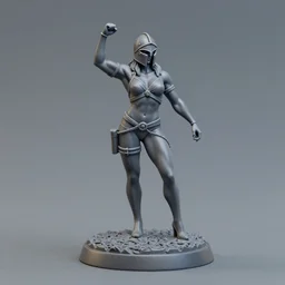 80mm resin detailed miniature of a helmeted muscular female, on textured disc base; Product Introduction Photos, 4K, Full body