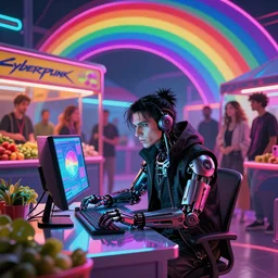 cyberpunk goth homeless man cyborg on cyberpunk computer at cyberpunk farmers market by william barlowe and pascal blanche and tom bagshaw and elsa beskow and enki bilal and franklin booth, neon rainbow vivid colors smooth, liquid, curves, very fine high detail 3 5 mm lens photo 8 k resolution