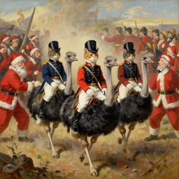 an oil painting of cats dressed in civil war uniforms riding ostriches into a battle between many people in santa claus suits