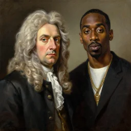 a classical portrait of sir isaac newton and the rapper tupac shakur, oil on canvas