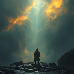 ta ha, volumetric lighting, highly detailed, by greg rutkowski, complementing colors, god looking at me, heavy rainy, lofty heavens, holy man looking at ground