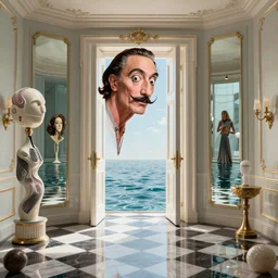 hyperrealistic random objects in a surreal dreamscape environment by salvador dali, highly detailed, 3 d render, vray, octane, beautiful lighting, photorealistic, intricate, elegant, wayne barlowe, water, mirrors, doorway, beautiful, masterpiece, trending on artstation, artgerm, checkered floor