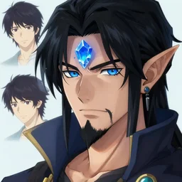 blue forehead crystal, male black haired half elf, black goatee, blue eyes, artstation, style of jesper ejsing, by rhads, makoto shinkai and lois van baarle, ilya kuvshinov, rossdraws