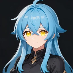 a hologram of rimuru tempest, sky blue hair, golden yellow eyes, wearing black stylish clothing, holography, irridescent, baroque visual kei decora art pixiv 3 d render