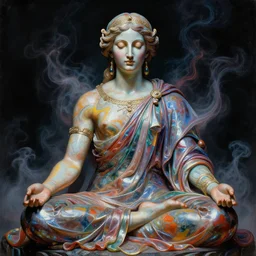 a close - up neoclassicist sci - fi portrait of a colorful chrome marble being meditating and weaving fabrics of reality. iridescent textures. glowing fog, black background. highly detailed fantasy science fiction painting by moebius, norman rockwell, frank frazetta, and syd mead. rich colors, high contrast, artstation