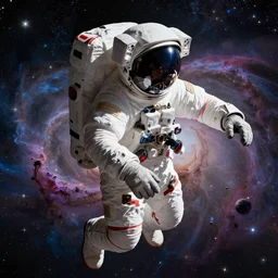 side profile of an astronaut without his visor up, floating in space, close up, in a nebula, digital art