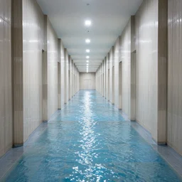 Beautiful Liminal Photograph of an infinitely tiled infinite hallway with water water water  water on the floor