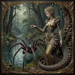 a woman with a dragon like body, by anne stokes and kaja foglio, a giant spider crawling through a forest next to a lake, by michael komarck and john howe, lovecraftian, finely detailed, small details, extra detail, insane details, intricate, elite, ornate, elegant, luxury, dramatic lighting, octane render, weta digital, micro details