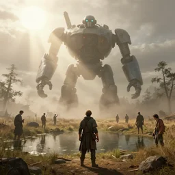 rural wisconsin after giant robot giant apocalypse, mist, sunrays, dust in the air, dnd character, unreal engine, octane render, dramatic lighting, pond, digital art, by stanley artgerm lau, greg rutkowski, thomas kindkade, alphonse mucha, loish, norman rockwell,