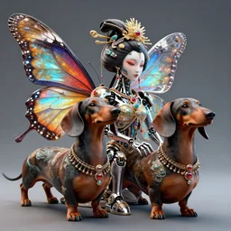 by par olofsson and tristan eaton, visually stunning, cinematic, ultra realistic, hyper realism, 1 2 k, epic, octane render, unreal engine, vfx, maya, the essence of art is passion : butterfly dachshunds, ornate creature : cyborg geisha, robotic : machina, super intricate ornaments : the fluidity of creativity