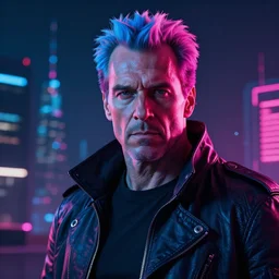 a cyberpunk christopher walken with blue and pink hair, neon colors, hyper detailed, digital art, cinematic lighting, concept art by artgerm and moebius and jakub rebelka
