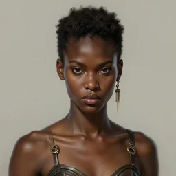 photorealistic portrait of a young butch solarpunk black woman, handsome, female, masculine, upper body, fantasy, fierce, sharp features, intricate, elegant, highly detailed, digital painting, artstation, concept art, matte, sharp focus, illustration, art by artgerm and greg rutkowski and alphonse mucha