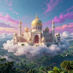 A palace on a cloud, psychedelic sky, above a rainforest landscape, octane render 8k scifi trending on Artstation.