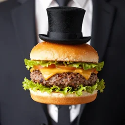 a burger with a top hat in a suit