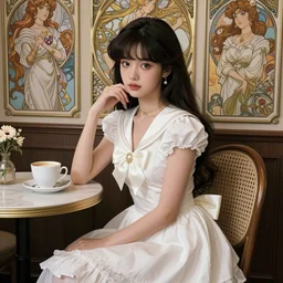 beautiful detailed sailor moon aesthetic, beautiful detailed fantasy, beautiful detailed intricate, beautiful detailed elegant, highly detailed, beautiful detailed digital painting, artstation, beautiful detailed concept art, matte, sharp focus, highly detailed illustration, a beautiful girl with long dark hair and bangs, wearing a white dress, sitting alone in a cafe,  highly intricate detailed art by Artgerm and Greg Rutkowski and Alphonse Mucha