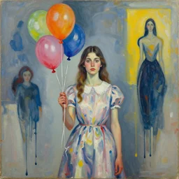 portrait of a girl in a dress holding balloons, vincent lefevre and hernan bas and pat steir and hilma af klint, psychological, photorealistic, dripping paint, washy brush, rendered in octane, altermodern, masterpiece