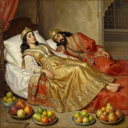 digital concept art, Scheherazade and king Shahrar from Alf Laylah wa-Laylah, lying down in bed, surrounded by plates of fruits; epic,masterpiece,ultra detailed,oil on canvas,illustration by Ferdinand Keller and Affandi, 8k