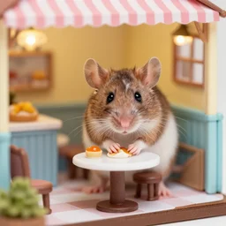macro photo of a mouse in a miniature fancy restaurant