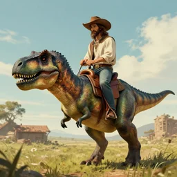 Jesus Christ in a cowboy hat riding a t-rex, trending on artstation