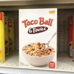 a box of taco bell cereal on a grocery store shelf, photo