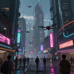 matte painting environment design of dystopian cyberpunk city with neon lights, people on the streets being monitored by flying drones, trending on artstation, painted by dreadjim, eddie mendoza, james paick, ultra realistic, volumetric lighting, 4k, octane render
