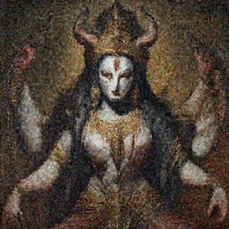 A cinematic gothic closeup portrait of the majestic mystical colossal Indian Hindu Demon Satan goddess of evil princess of devil mistress of Death, by Rembrandt van Rijn, by Wayne Barlowe, by Paul Lehr, by Bruce Pennington, by Zdzisław Beksiński, oil on canvas, masterpiece, trending on artstation, featured on pixiv, cinematic composition, dramatic pose, beautiful lighting, sharp, details, details, hyper-detailed, no frames, 8K