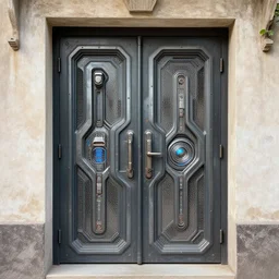 hyper - realistic art, sci - fi decorated double door by jordan grimmer and darek zabrocki