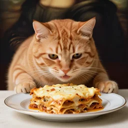 fat orange tabby cat eating lasagna on a table by leonardo davinci