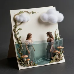 filmic cinematic paper model card starting to drown each other as and non - anomalous associates realistic render, elegant cloud, vines, mushrooms
