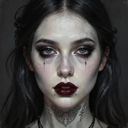 \'realistic close-up painting of a gothic girl, face tattoo, by Abigail Larson, Anton Fadeev\'