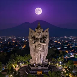 wide aerial view of a purple supermoon over garuda wisnu kencana statue at night