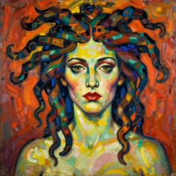 ukiyo - e portrait of medusa by egon schiele with vivid complementary colors
