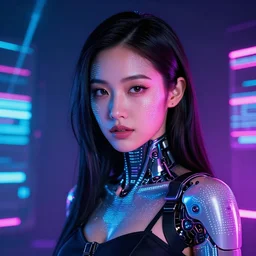 beautiful japanese cyborg with megan fox face, digital led skin, neon lighting, techno neon projector background, portrait photo, octane render
