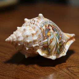 an intricate seashell is on a wooden table, close up view, dramatic lighting, DOF, intricate artwork by alphonse mucha and Ruan Jia
